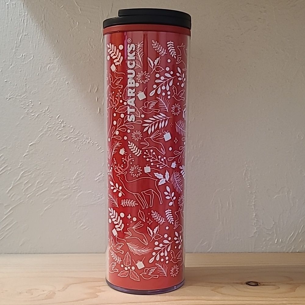 Starbucks 16 oz Red White Holiday Plants & Animals Twist Cap Insulated Tumbler